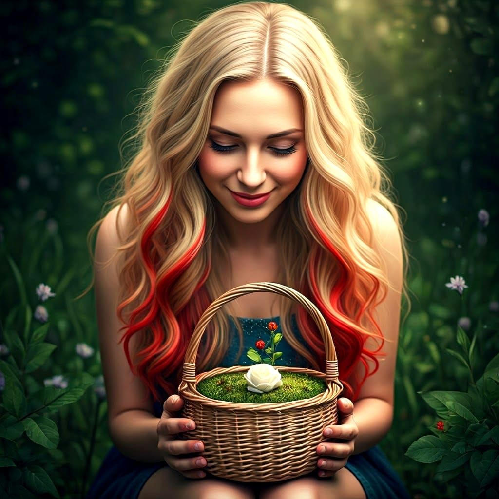 Young Woman Contemplates Vibrant Ladybug-Themed Floral Baske...