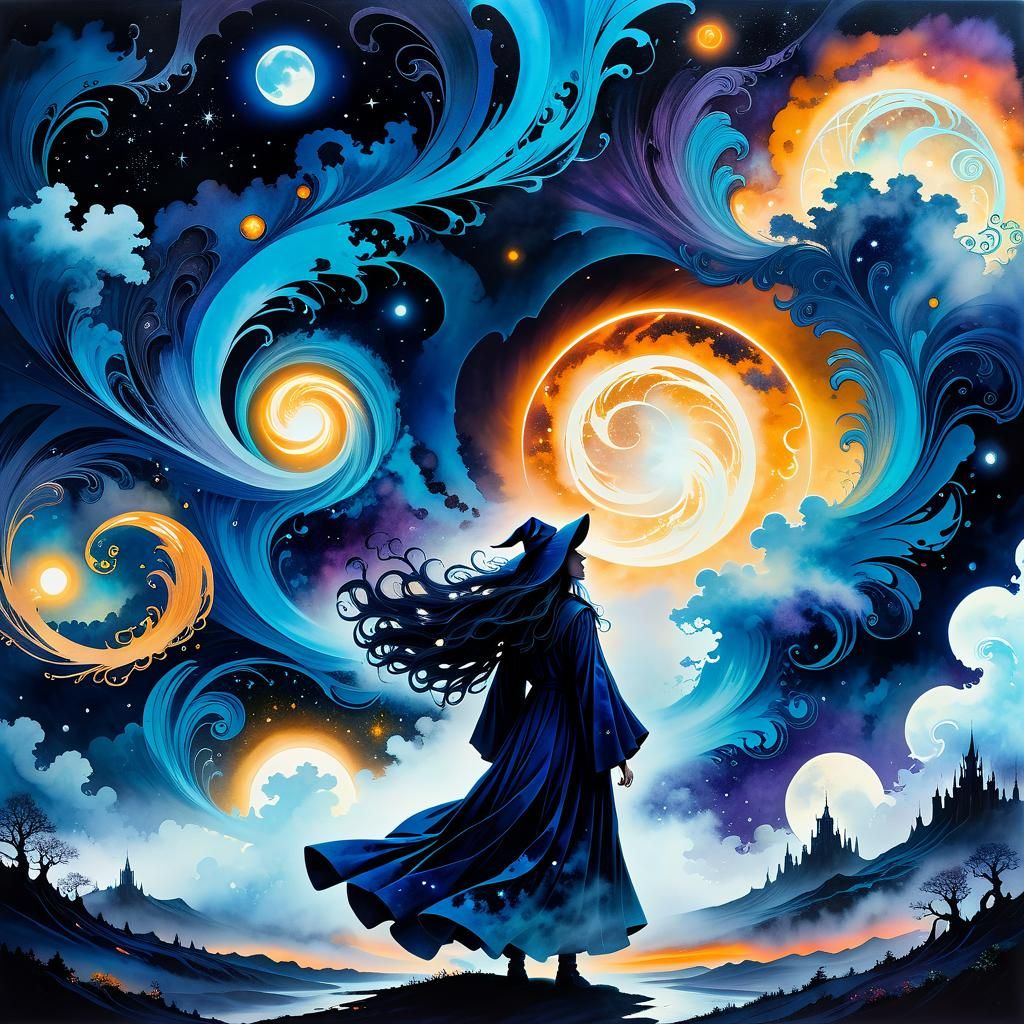 Electric Witch in Glowing Cosmos: Alcohol-Ink Art