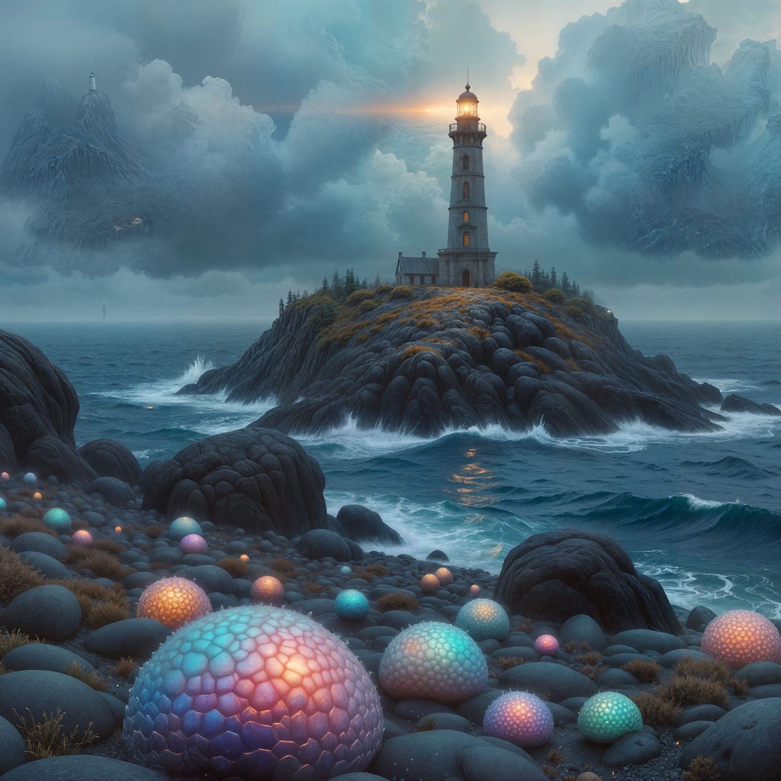 Mysterious Lighthouse in Swirling Fog and Indigo Sea