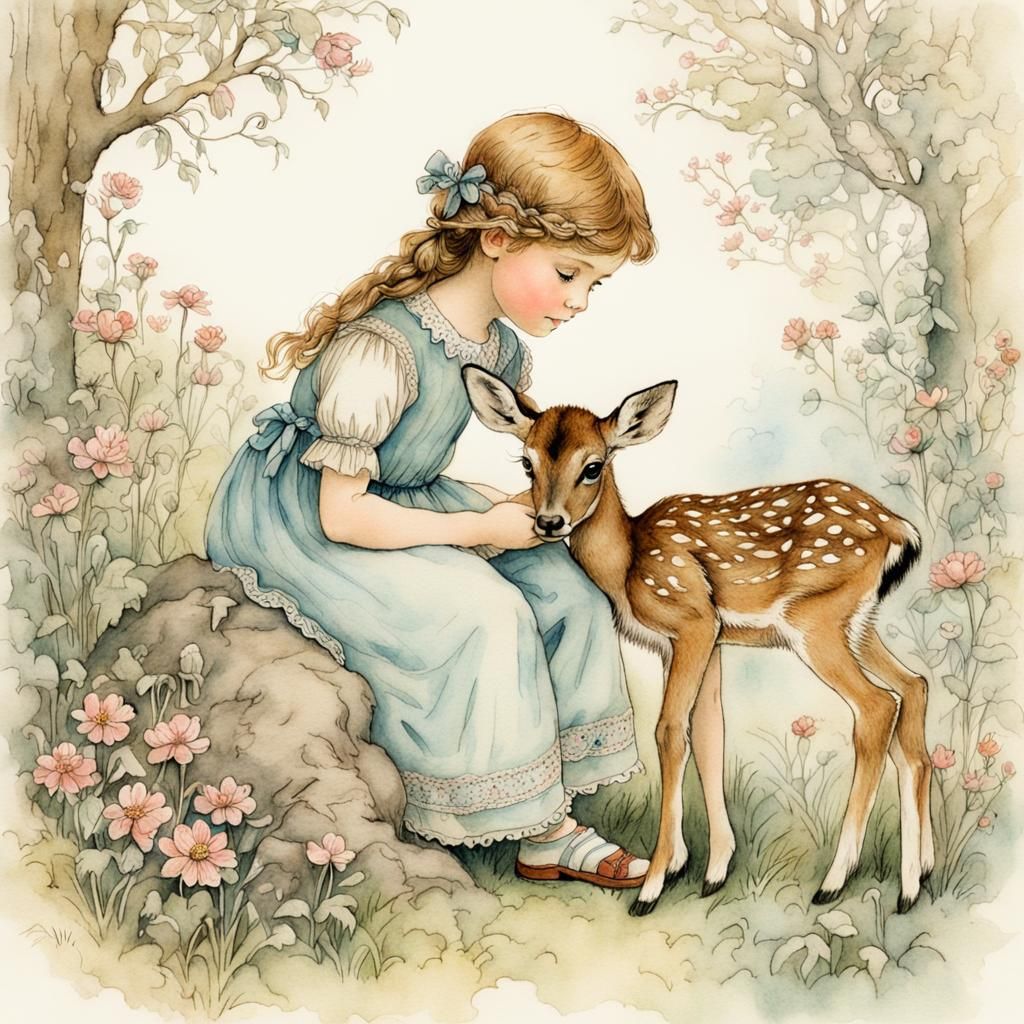 Fairytale Girl with Fawn in Watercolor Illustration