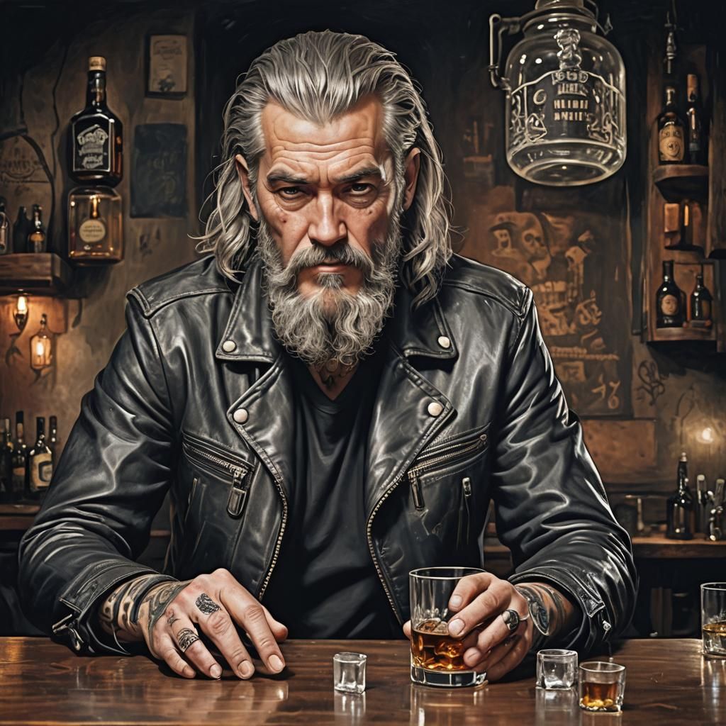 Whisky Jar in Dark Pub With Tattooed Man