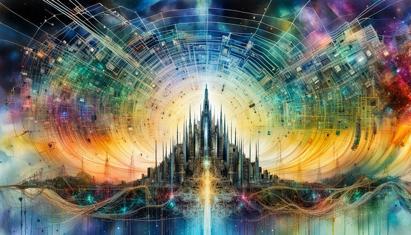 Networked Circuitry Universe in Watercolor Style