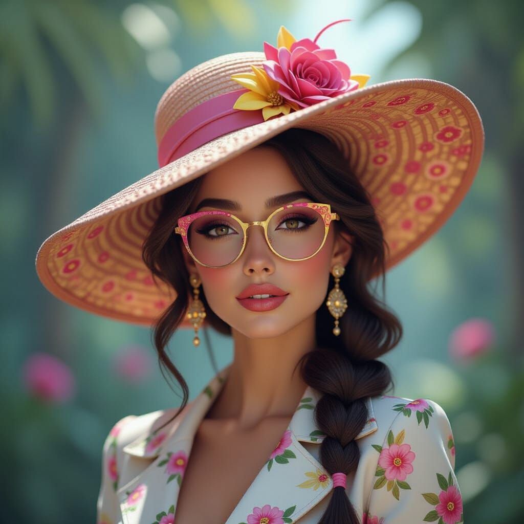 Woman with Ornate Hat and Pink Yellow Accents