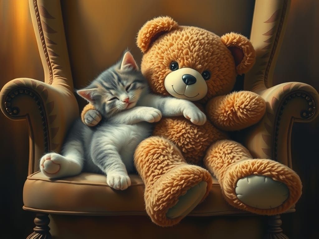 Kitten Napping with Teddy Bear: Oil Painting