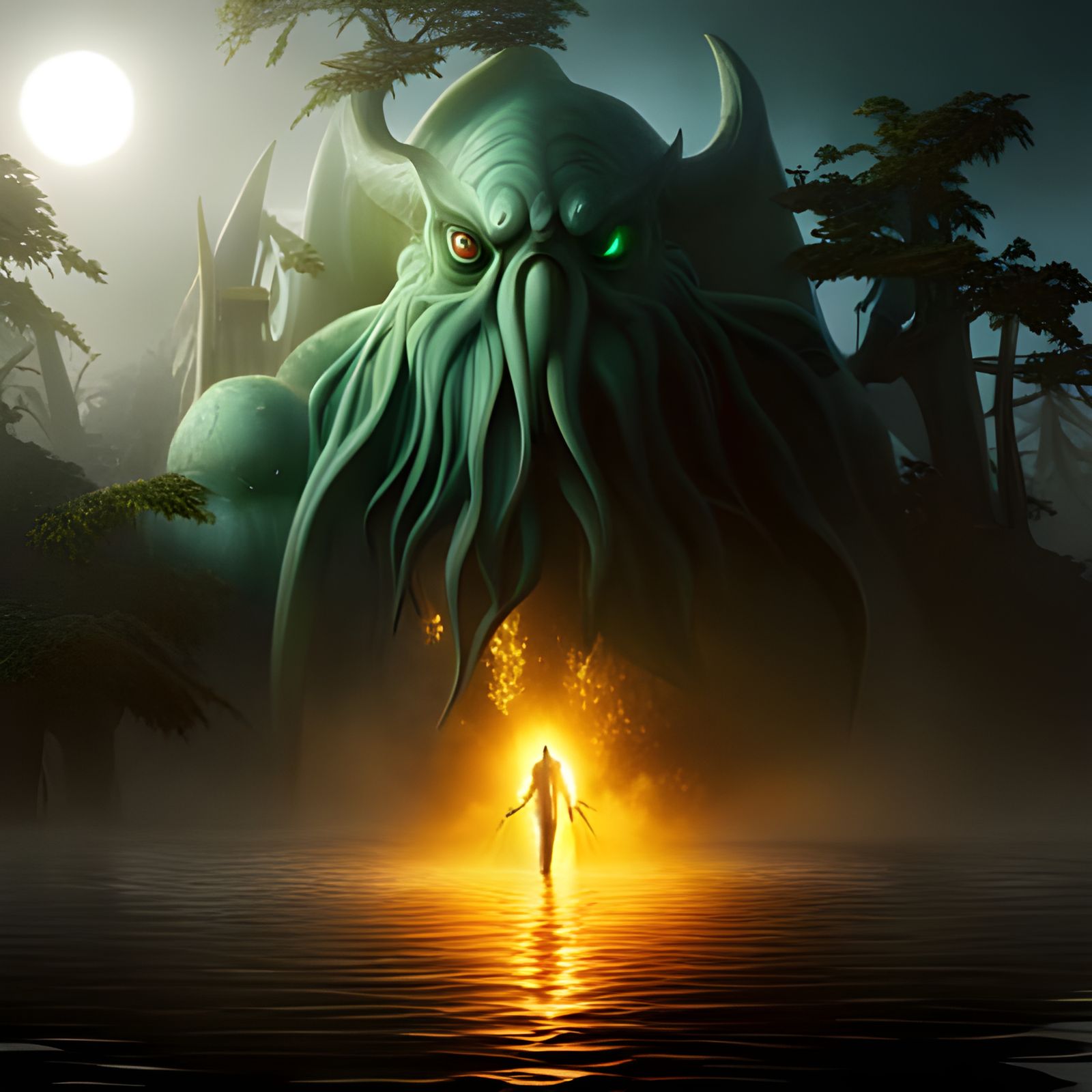Cthulhu Rises from Foggy Lake in Photorealistic Style