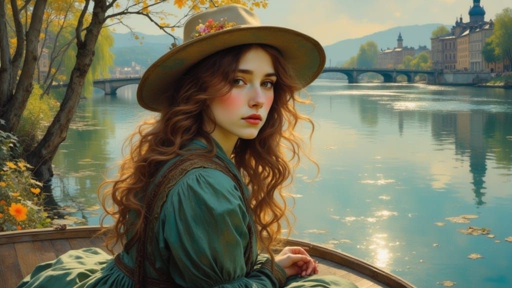 Art Nouveau Woman Portrait on Danube River