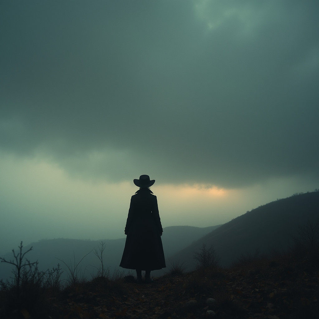 Contemplative Figure Gazing at Dusk Sky: Vintage Photography