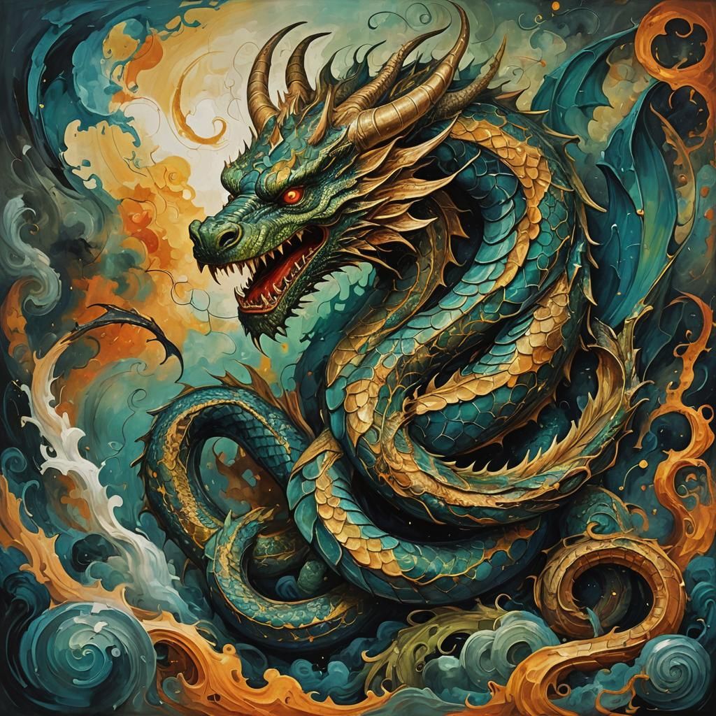Abstract Dragon Cast Down to Earth in Complementary Colors