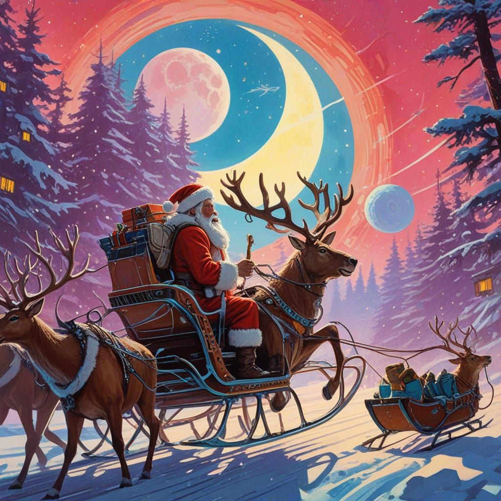 Futuristic Santa Claus Rides Cybernetic Reindeer-Pulled Slei...