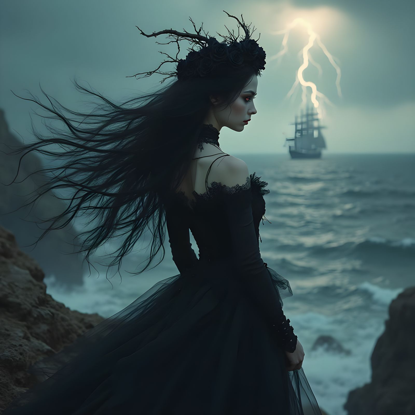 Succubus with Crimson Eyes in Gothic Art Style