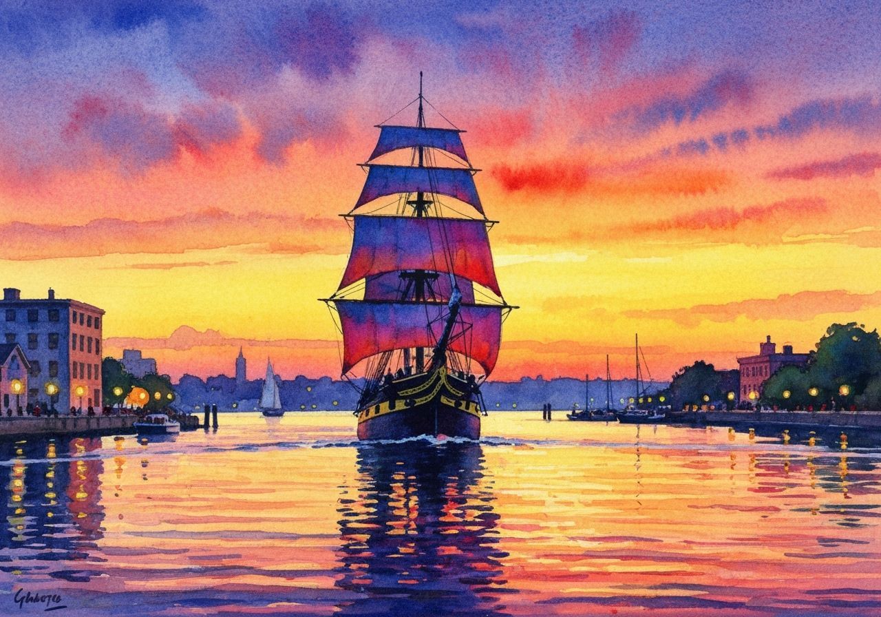 Colorful Ship Sails into Mystic River at Sunset