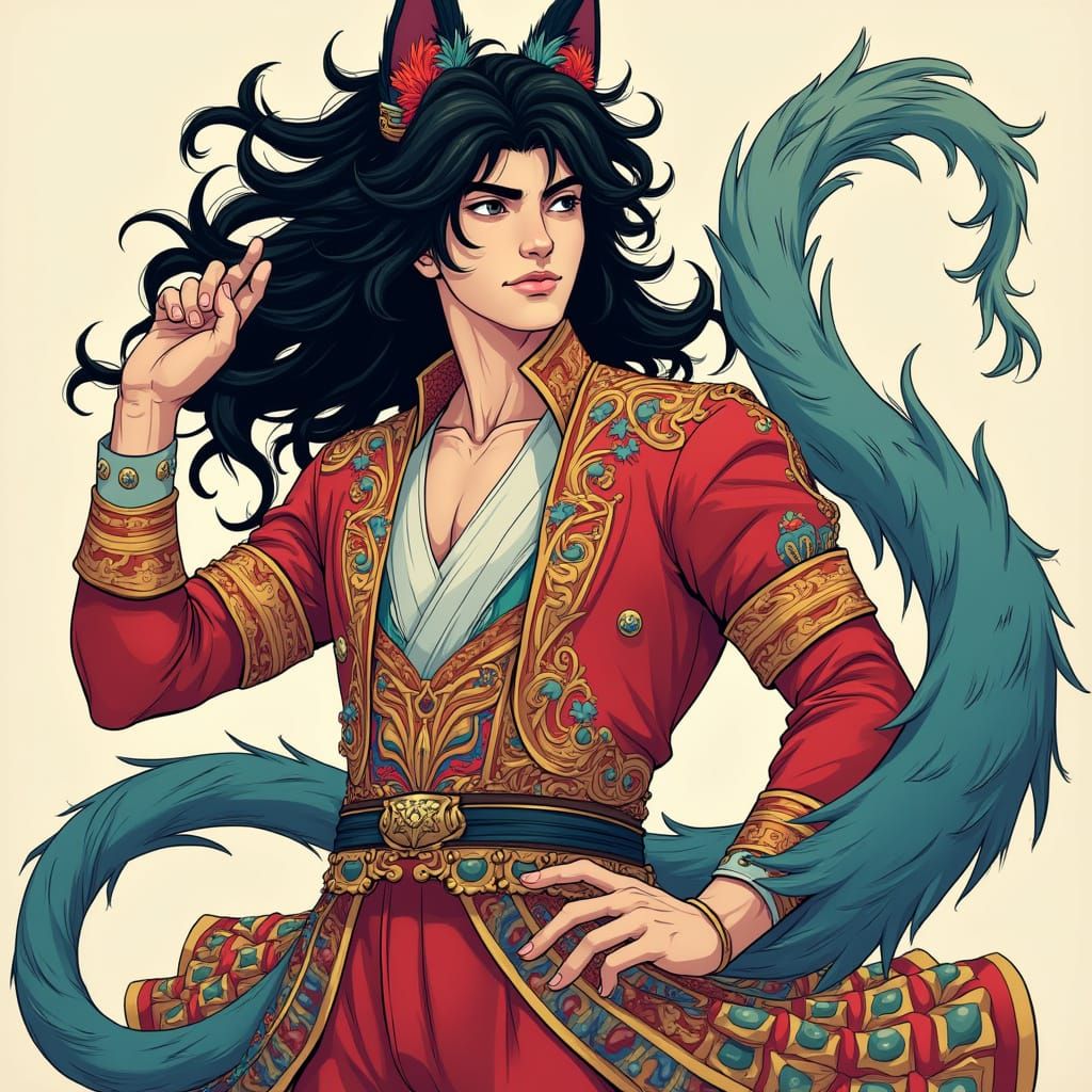 Manga-Style Mythic Prince with Majestic Sphinx Tail and Wild...