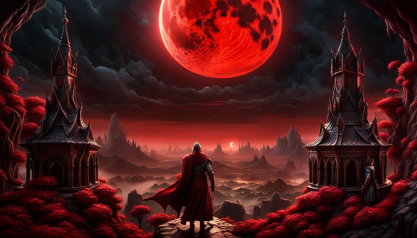 Elden Ring: Giant Red Moon in Dark Fantasy Landscape