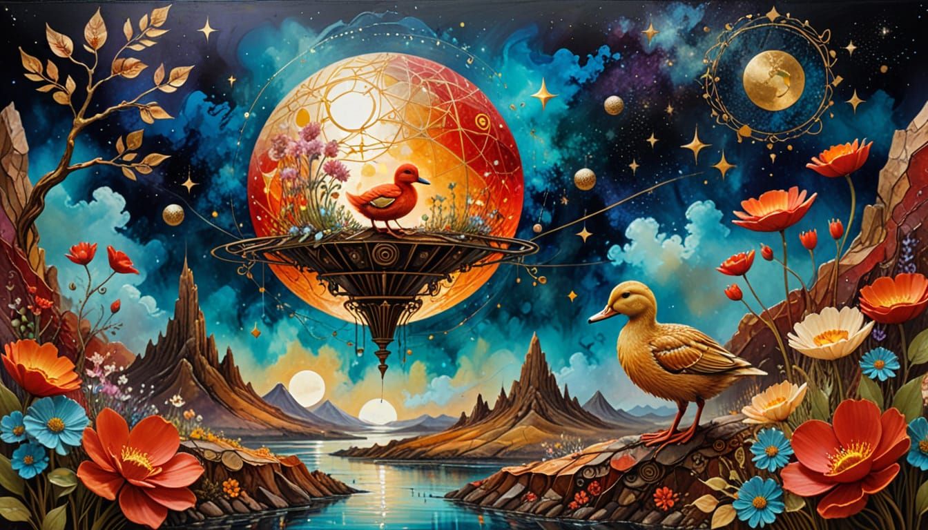 Surreal Space Transporter with Duckling, Alcohol Ink Paintin...