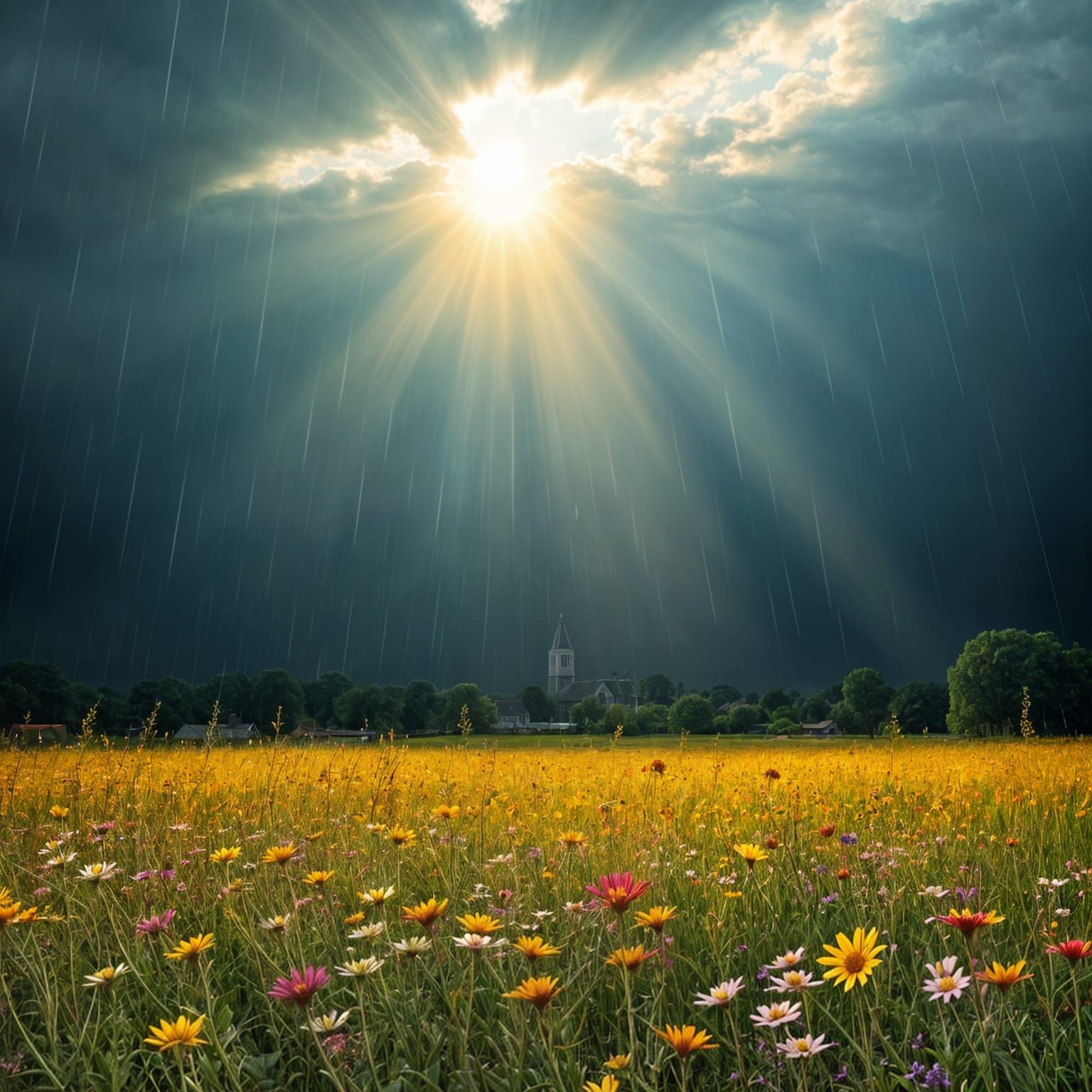 Summer Rain Showers Over Wildflower Field