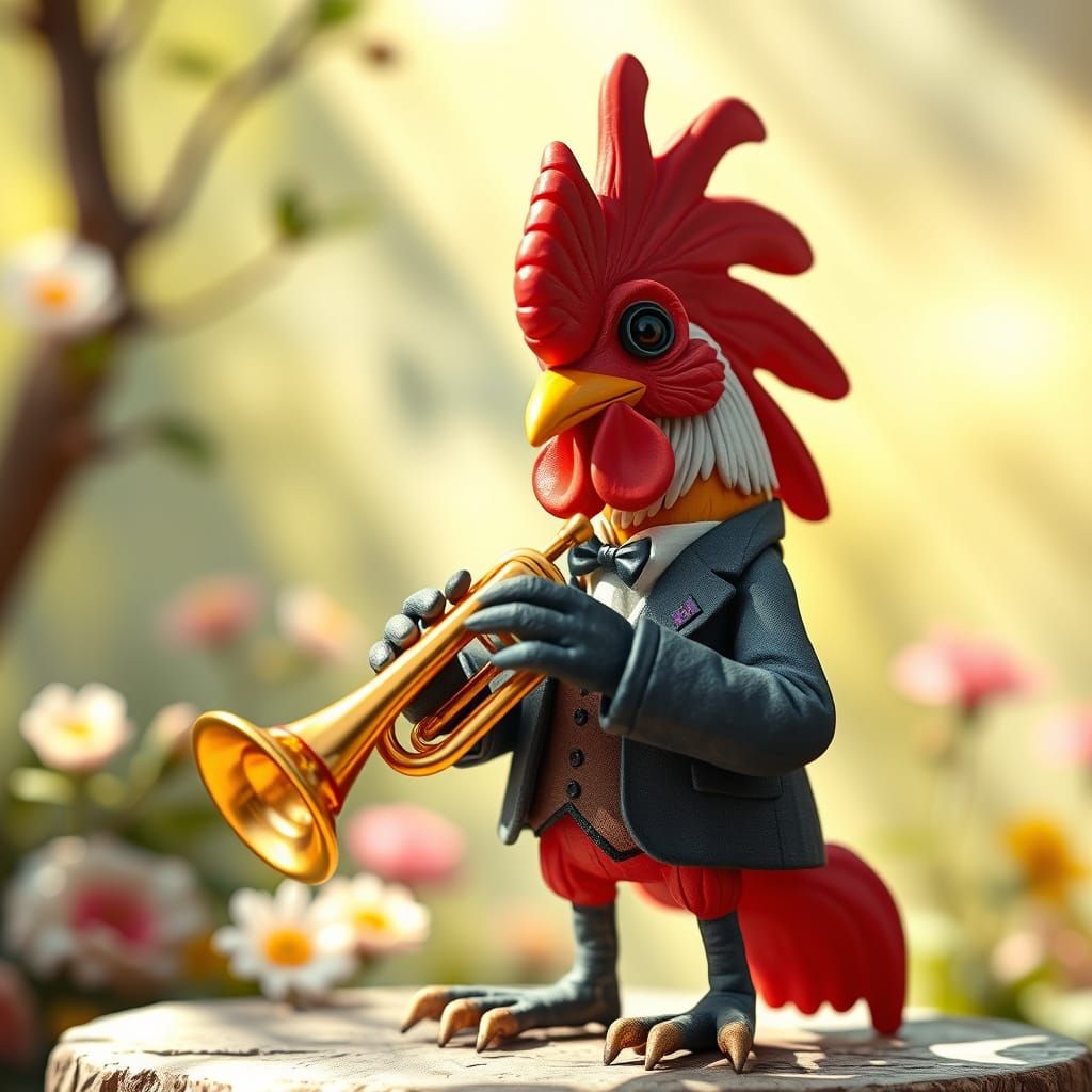 Trumpet-Playing Rooster Sculpture in Dreamlike Scene