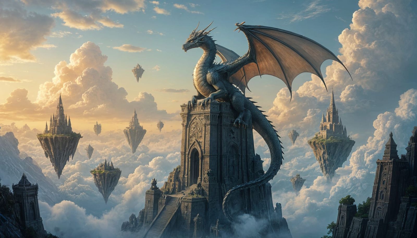 Ancient Dragon on Obsidian Tower in Surreal Dreamscape