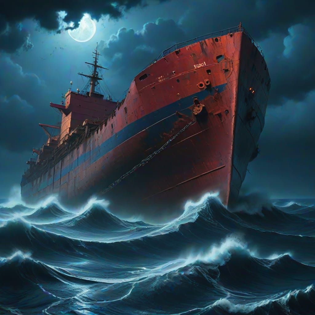 Freighter Sinks Under Blood Moon: Dark Fantasy Art