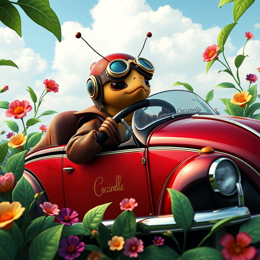 Ladybug Drives Classic Beetle in Matte Painting Style