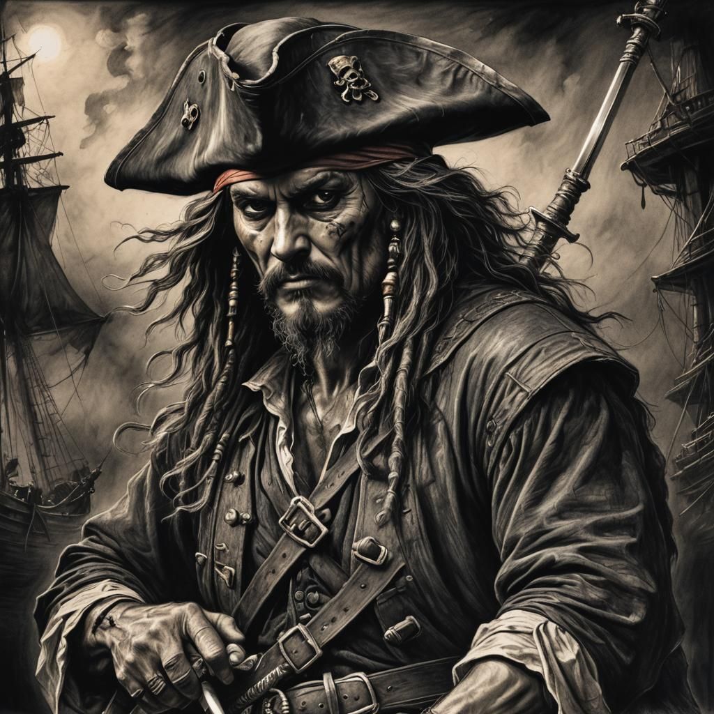 Pirate with Saber: Dramatic Charcoal Drawing
