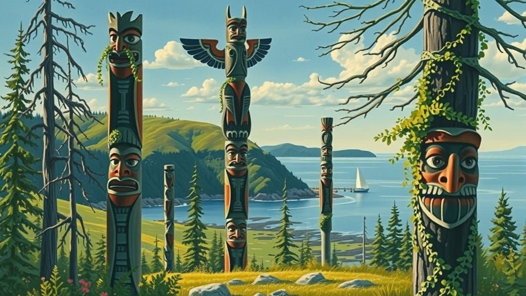 Vibrant Totem Poles in BC Morning Light, Watercolor Style
