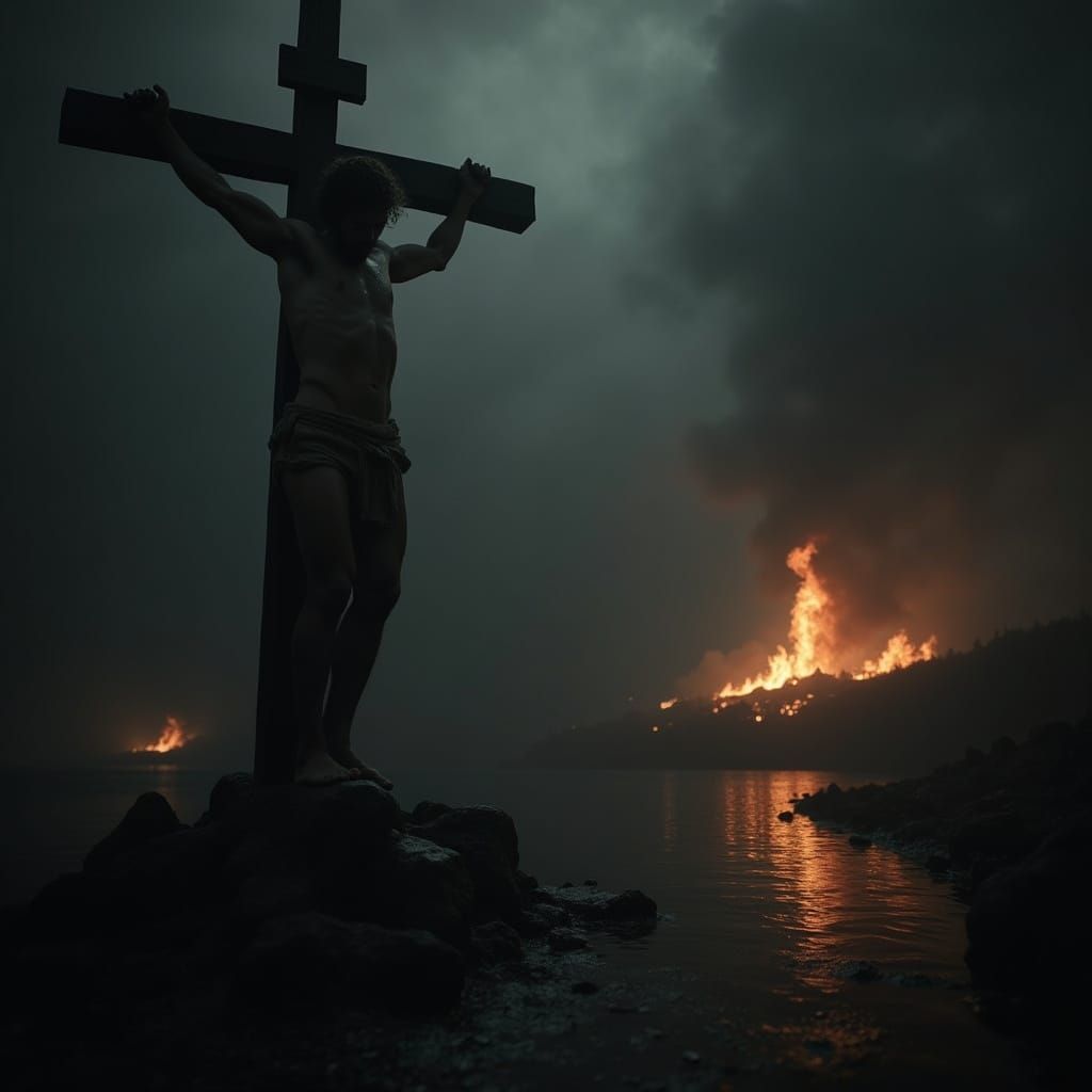 Solemn Man in Reflection, Inferno in Distance