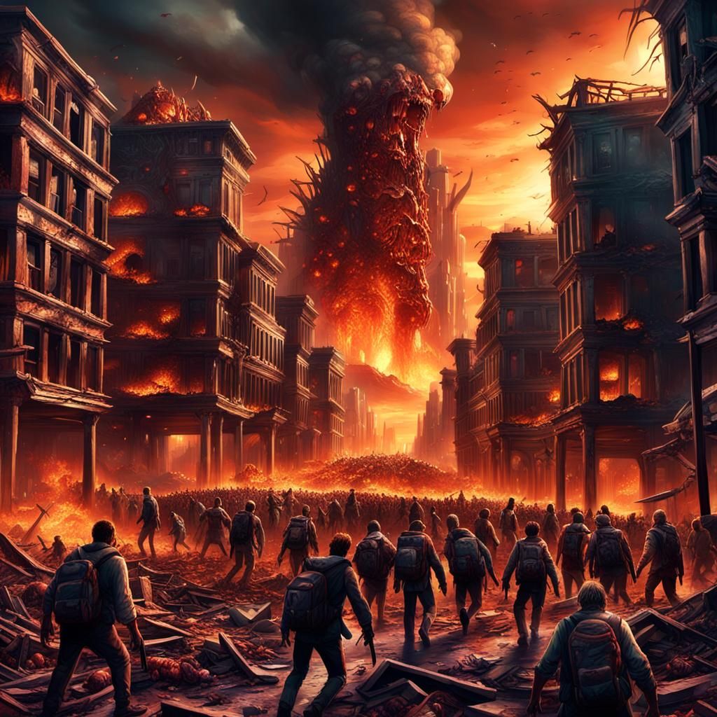 Gritty, Dark Fantasy Cityscape Under Siege by Horrific Zombi...