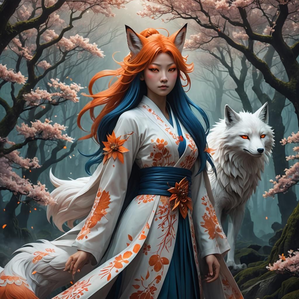 Nine-Tailed Fox Woman in Misty Forest