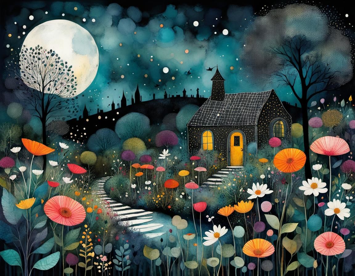 Magical Moonlit Garden Illustration with Dark Foliage