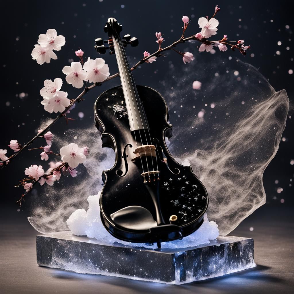 Ethereal Black Violin on Ice with Cherry Blossoms