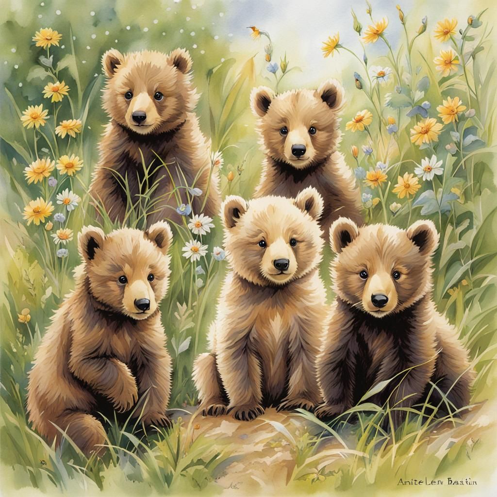Charming Bear Cubs in Watercolor Style