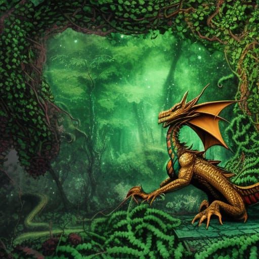 Dragon in Overgrown City: Holographic Astral Illustration