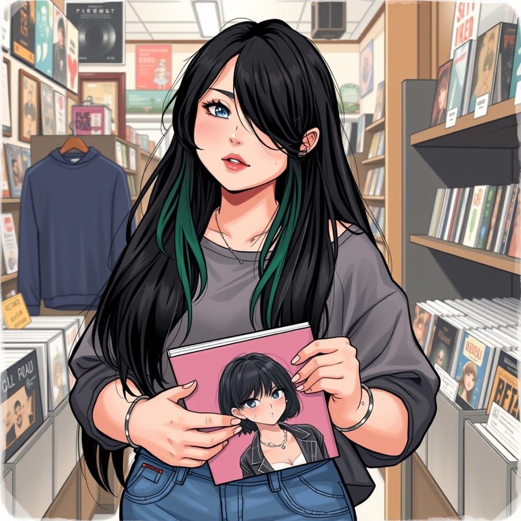 Woman in Record Store, Manhwa Style Illustration
