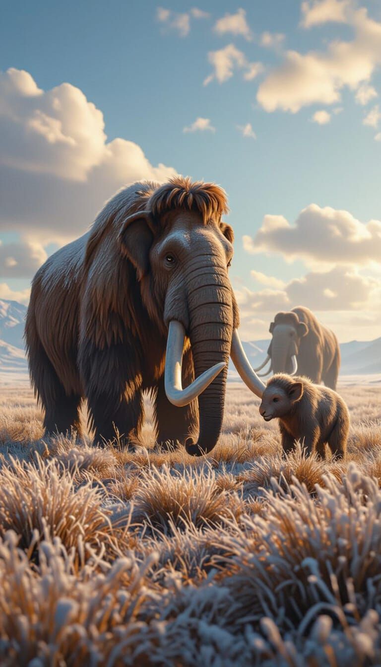 Woolly Mammoths Foraging in Frosty Tundra, Soft Focus
