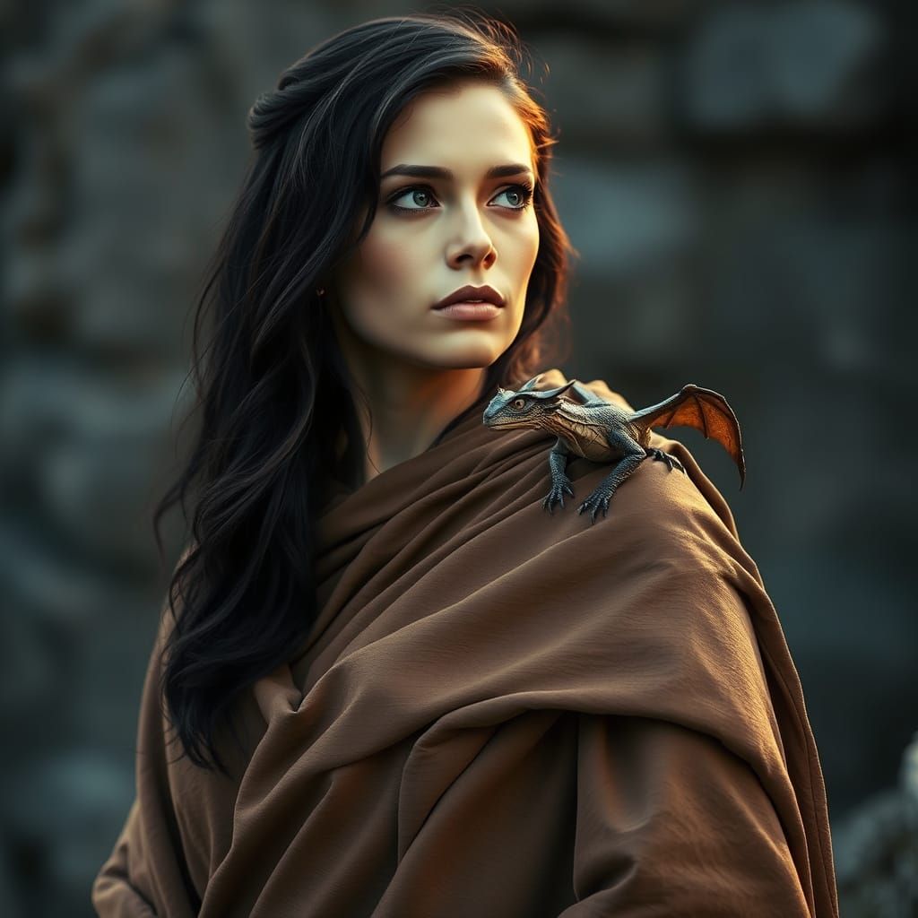 Heroic Woman Embraces Miniature Dragon in Cinematic Style