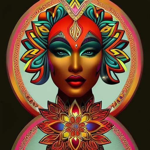 Mystical Cartoon Woman Portrait in Retro Psychedelic Art