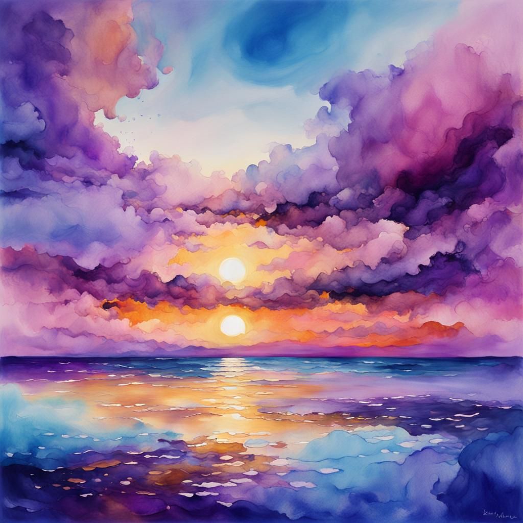 Azure and Purple Sky Meets Sea in Watercolor