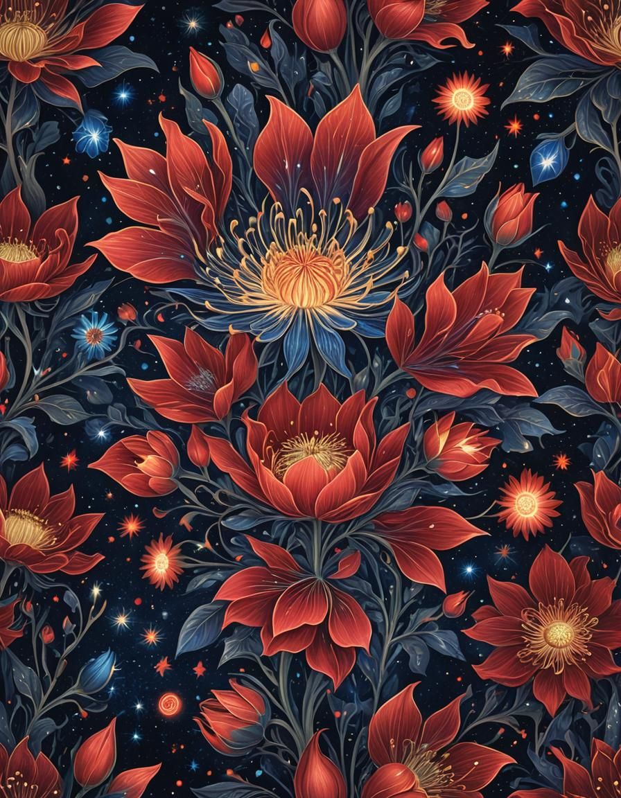 Radiant Flower with Luminescent Glow Against Starry Sky