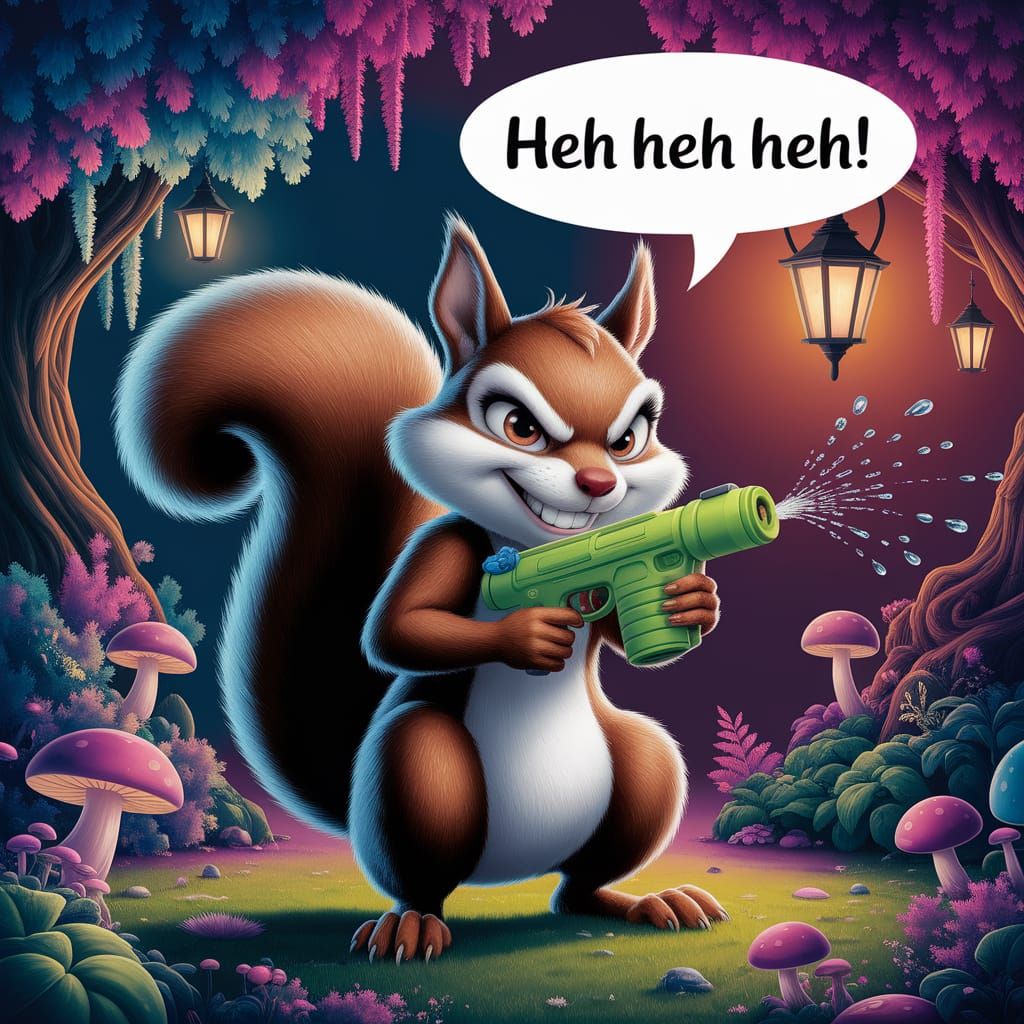 Mischievous Squirrel with Squirt Gun in Fantasy Forest