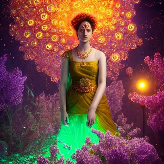 Kaleidoscopic Indian Woman Portrait with Lilacs