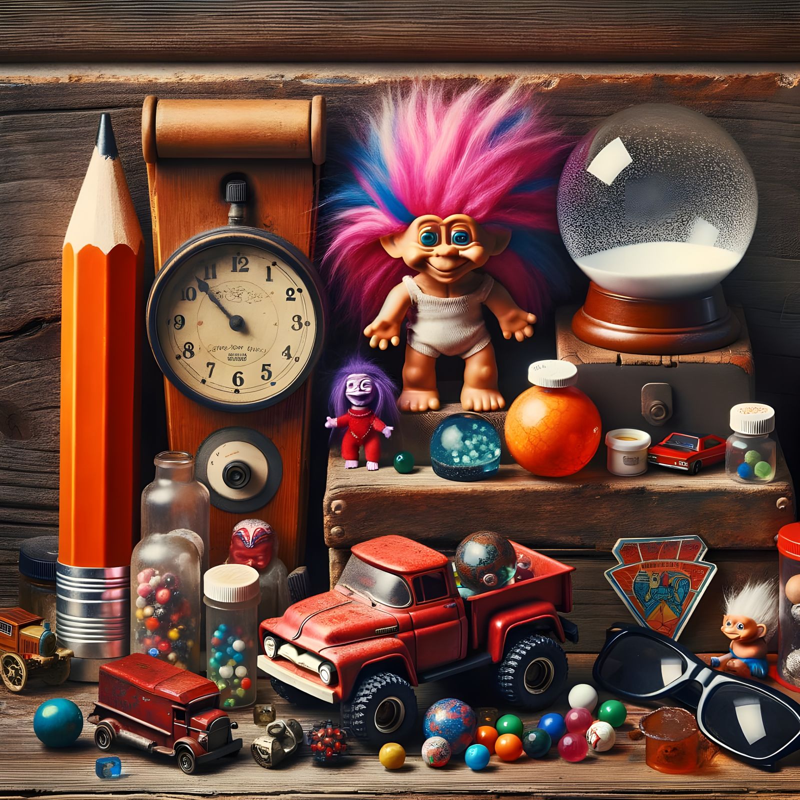 Rustic Shelf Still Life with Toys and Trinkets