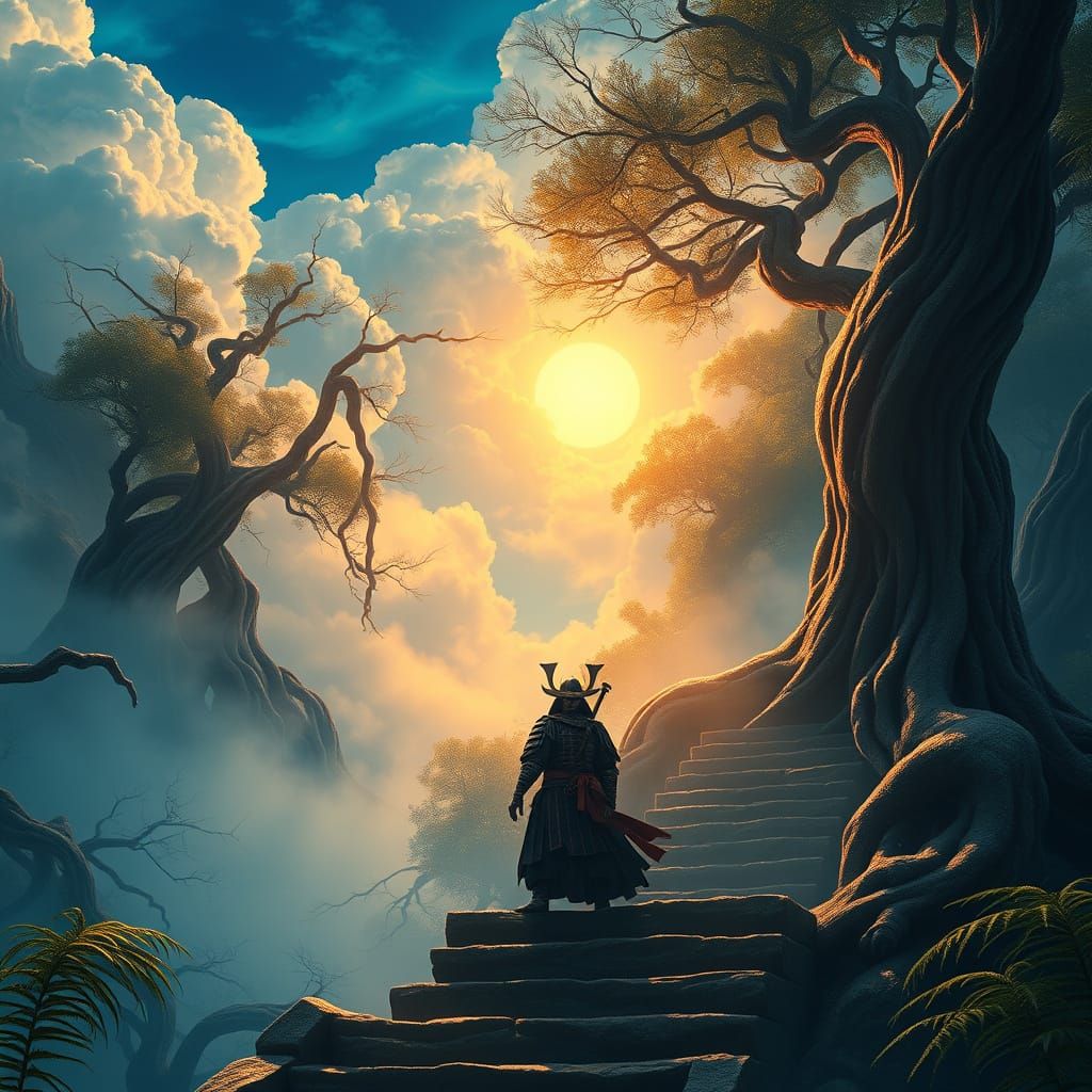 Weary Samurai Ascends Ancient Staircase in Mystical Forest