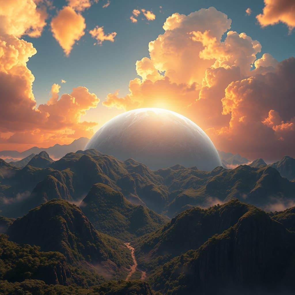 Stunningly Realistic 3D Planet with Lush Vegetation and Towe...