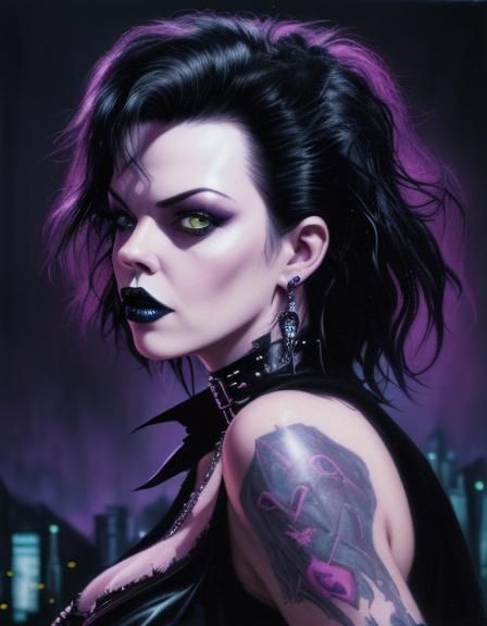 Gothic Debi Mazar in Neon Cityscape Oil Painting