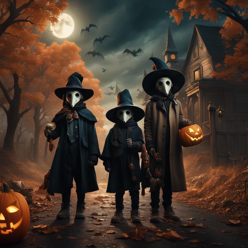 Plague Doctor Kids Trick-or-Treat: Detailed Matte Painting