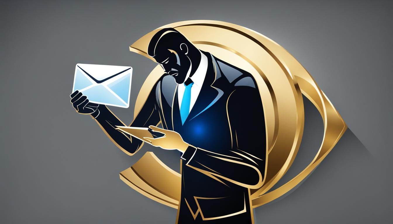 Man Sending Email with Gold and Blue Logo