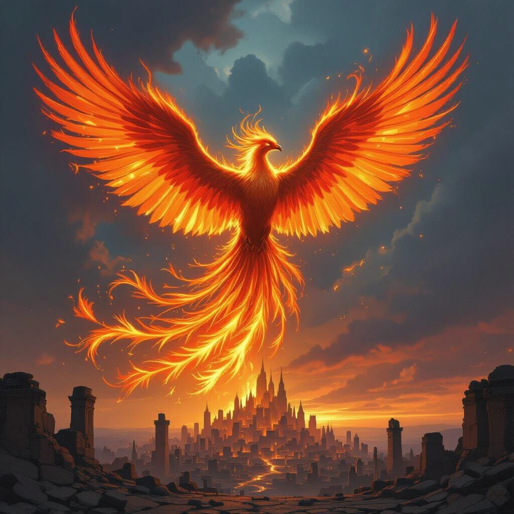 Phoenix Rising from Stormy Skies: A Digital Painting