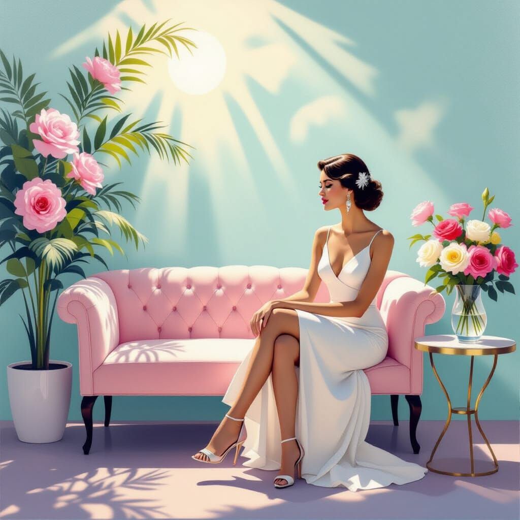Ethereal Minimalist Painting with 40s Glamour and Boho Ease