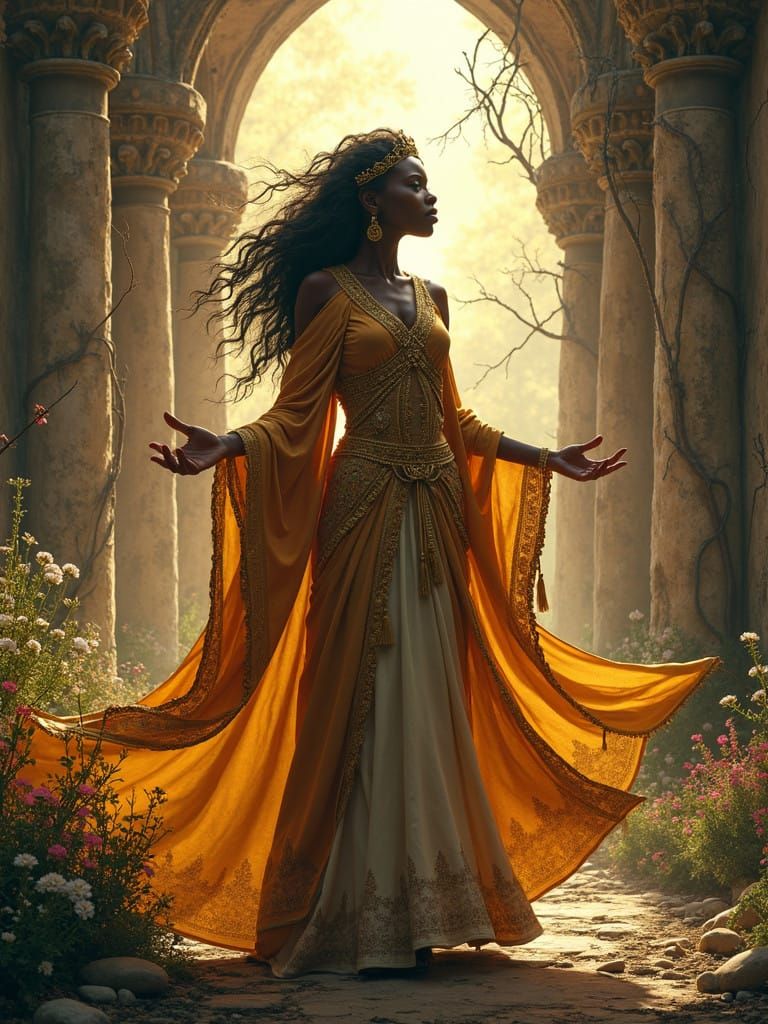 Ethereal Sorceress Reigns Amidst Ancient Castle Ruins