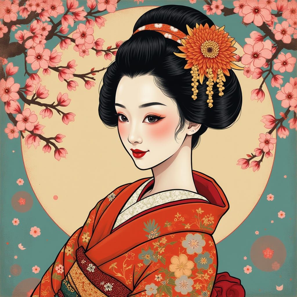 Elegant Geisha in Kimono with Cherry Blossoms
